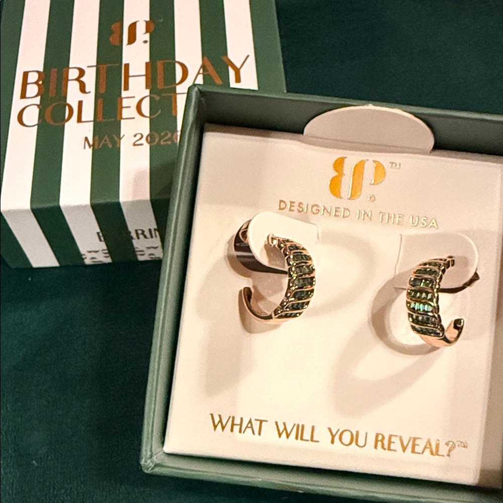 Gold Hoop Earrings with Green Crystal Inlay - Designed in the USA
